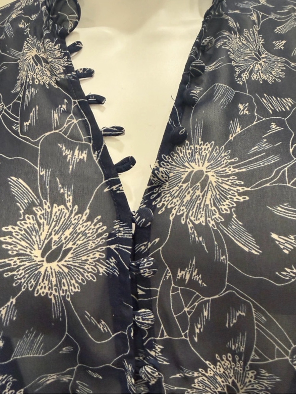 Express Navy Button-Front Floral Ruffle Blouse - Picture 2 of 4
